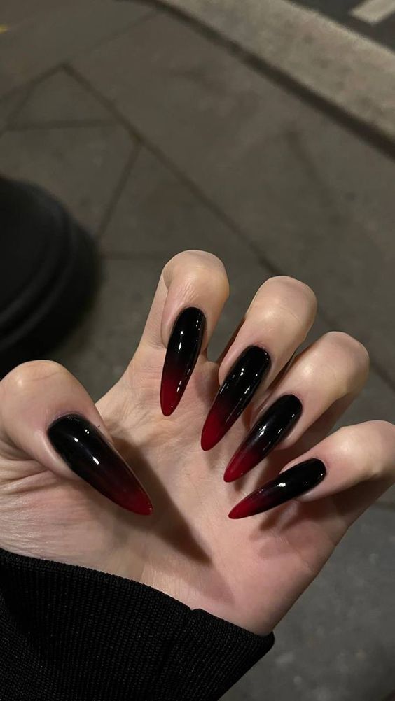 Long Black Nails With Red Tips