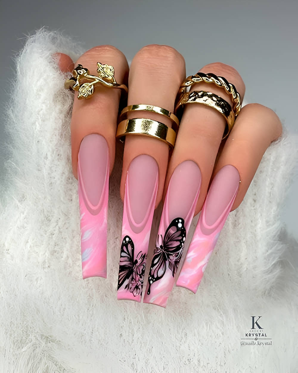 Long Pink Square French Tips With Butterfly