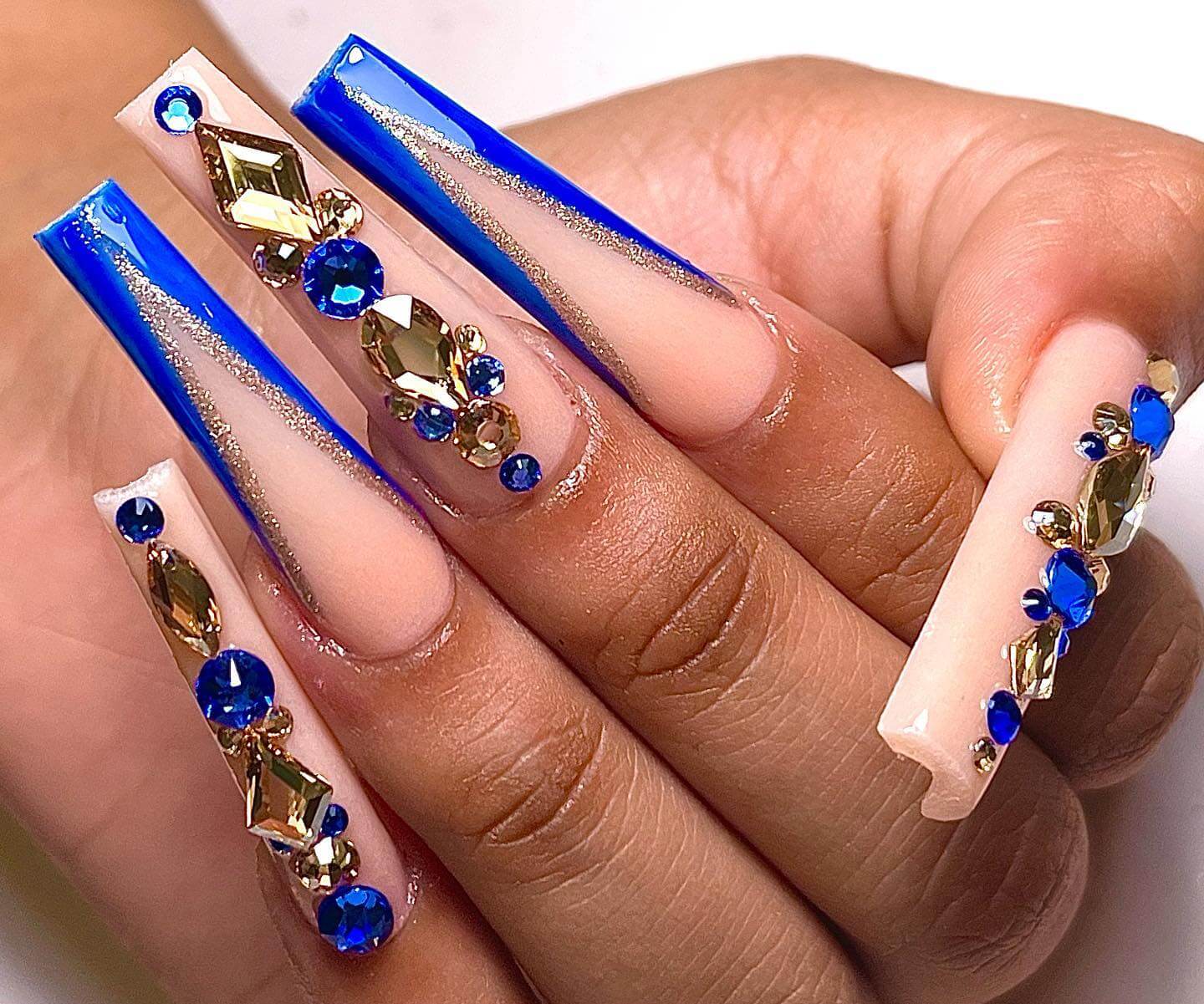 Long Royal Blue Nails With Gems