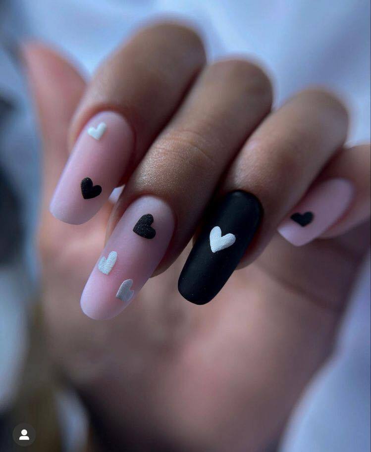 Matte Black And White Nails With Mini Hearts