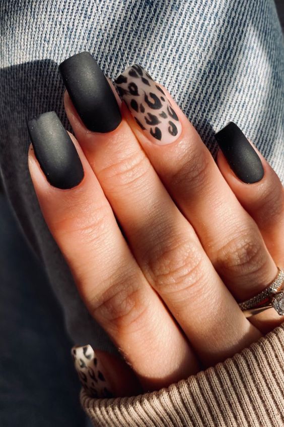 Matte Black Nails With Animal Print Accent