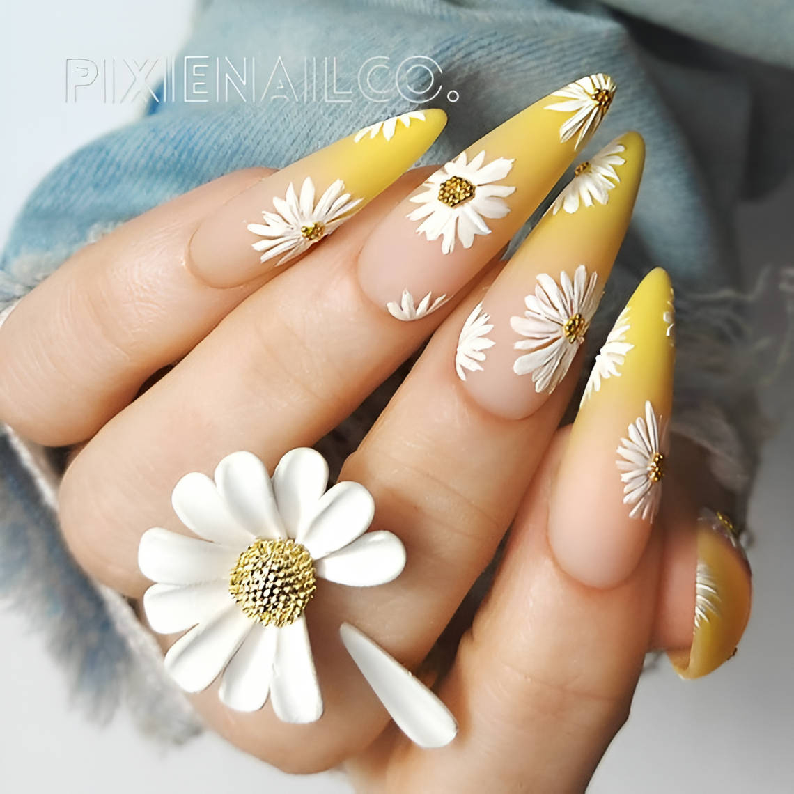 Matte Yellow Flower Nails