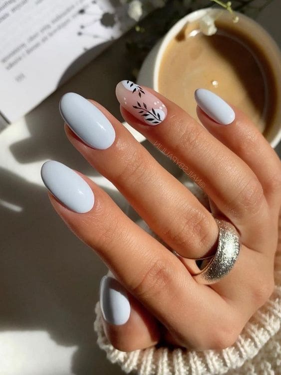 Milky Blue Nails With Flowers