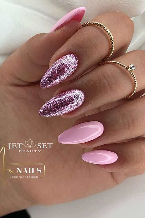 Mirror Chrome Pink Glittered Manicure