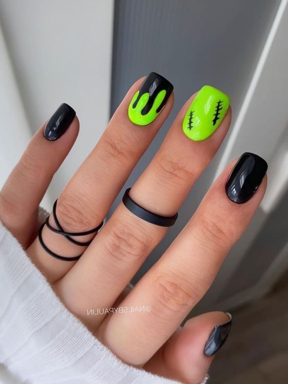 Neon Green Simple Halloween Nails