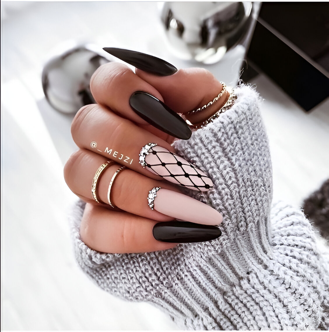 Nude And Black Acrylic Nails