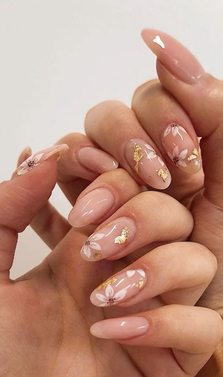 Nude Floral Wedding Nails