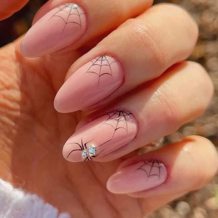 Nude Nails With Spiderwebs