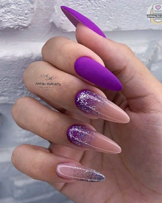 Nude Purple Nails With Glitter