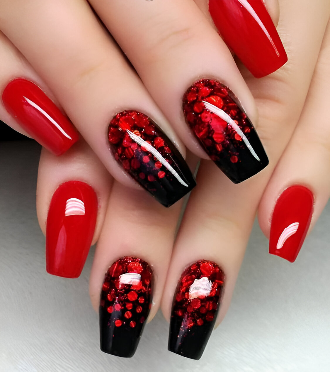 Ombre Glittered Black And Red Nails