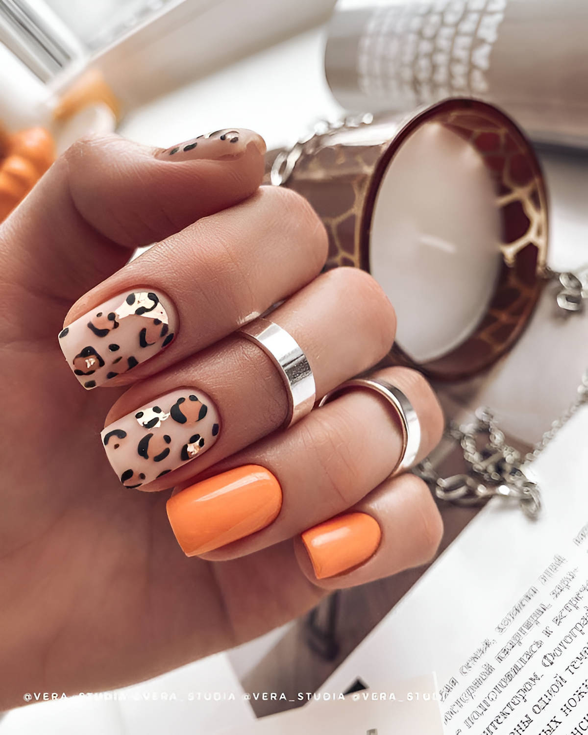 Orange Leopard Accent Nails