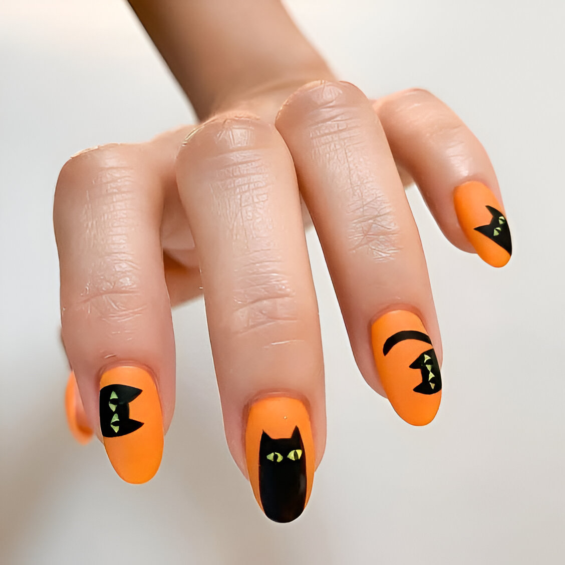 Orange Nails With Black Cat Design