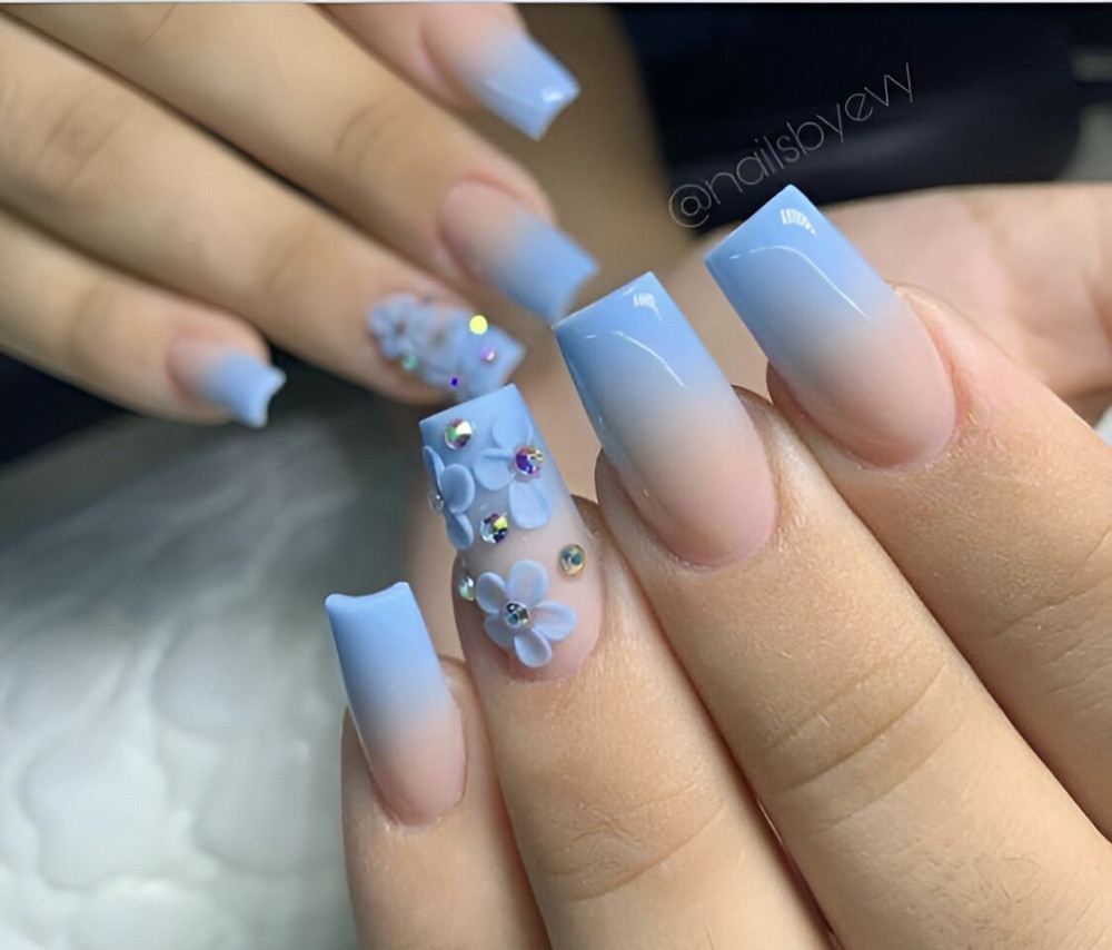 Pastel Blue Nails With 3D Flowers