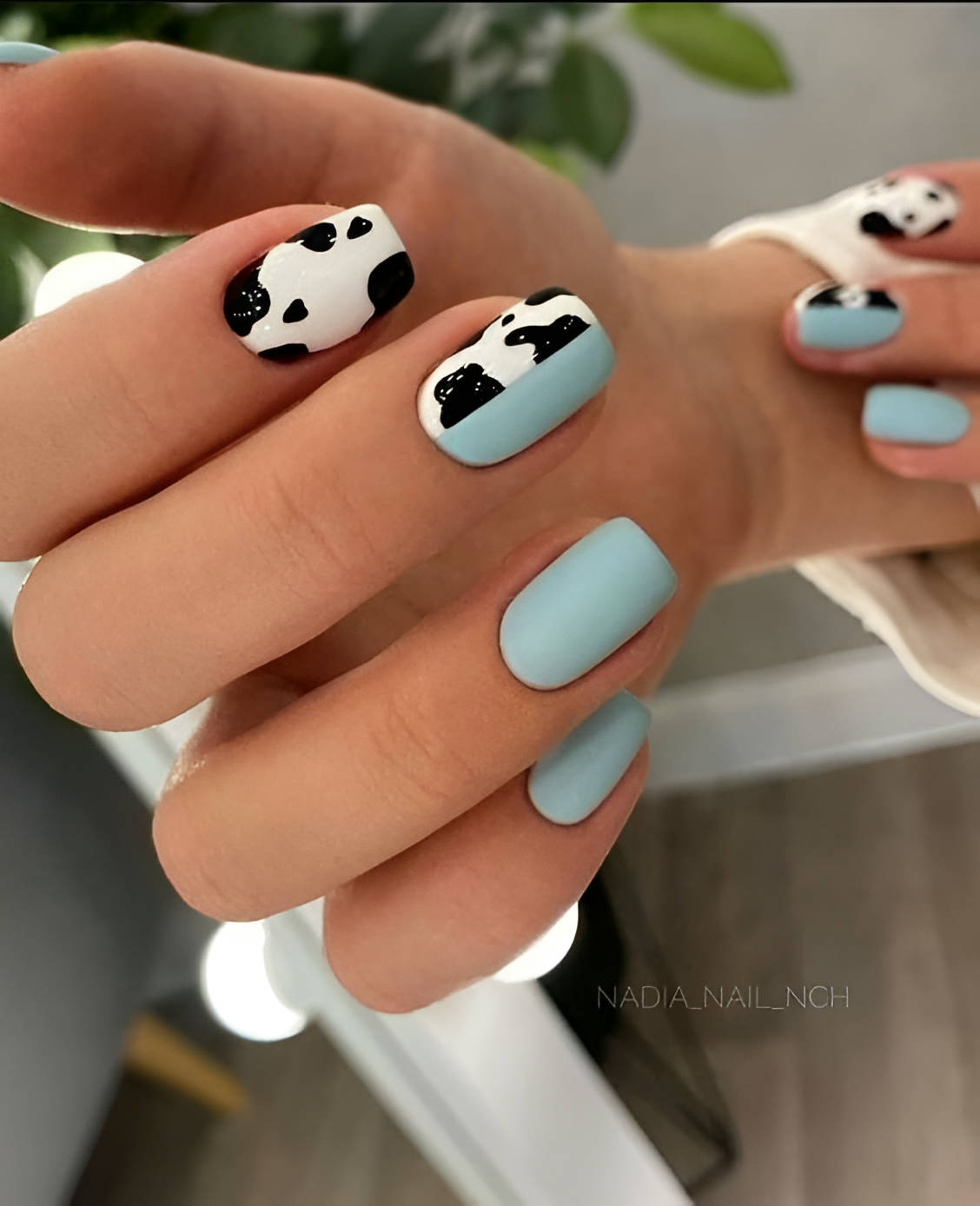 Pastel Blue Nails With Cow Print Pattern