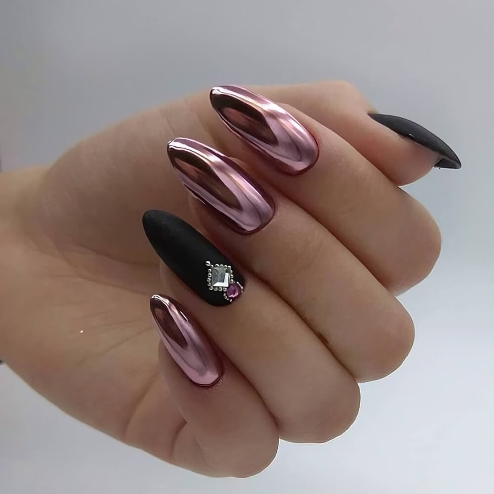 Pink And Black Chrome Nails