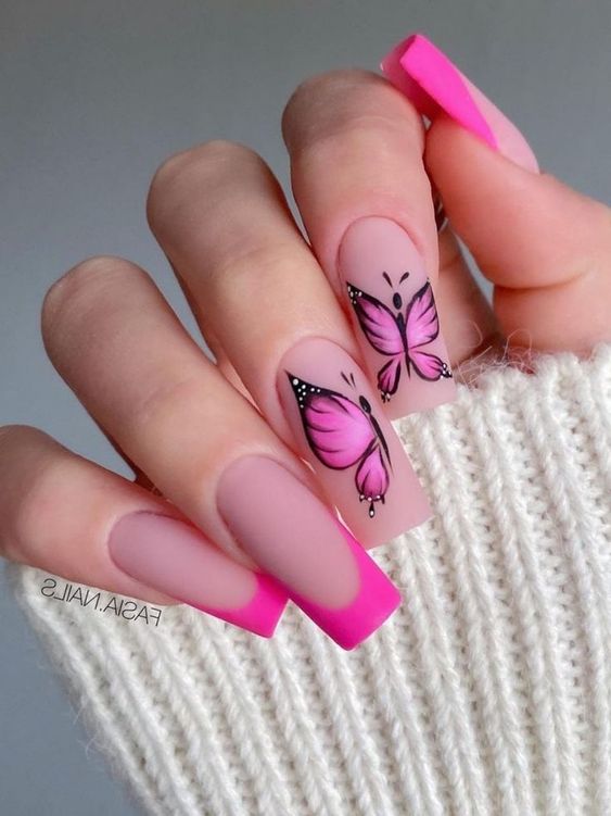 Pink Butterfly Square French Tip Nails