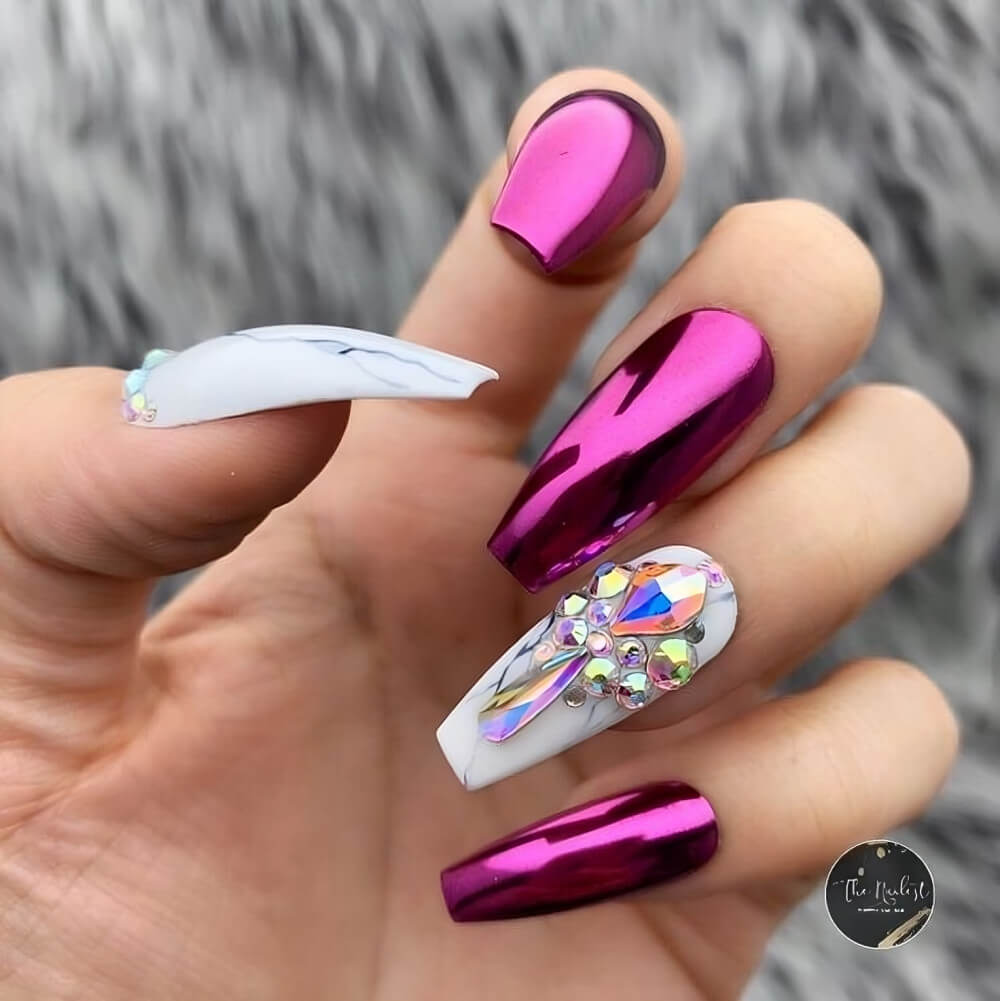 Pink Chrome Nail Designs With Gems
