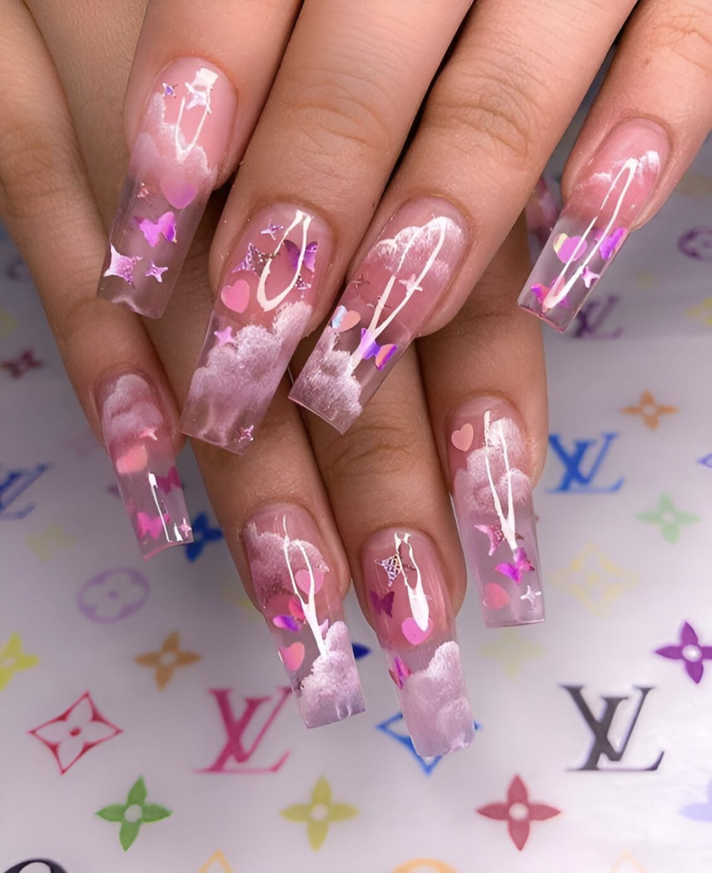 Pink Cloudy Crystal Nails