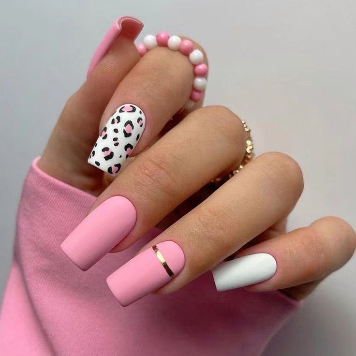 Pink Coffin Nails With Animal Print