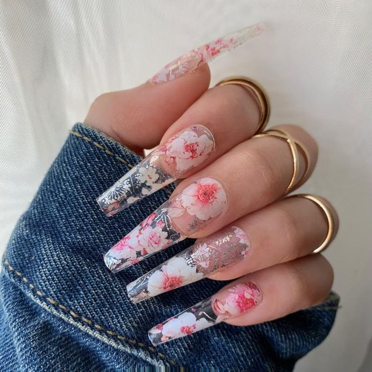 Pink Floral Clear Acrylic Nails