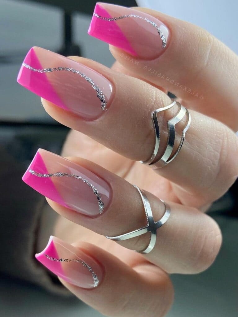 Pink French Tips With Silver Lines