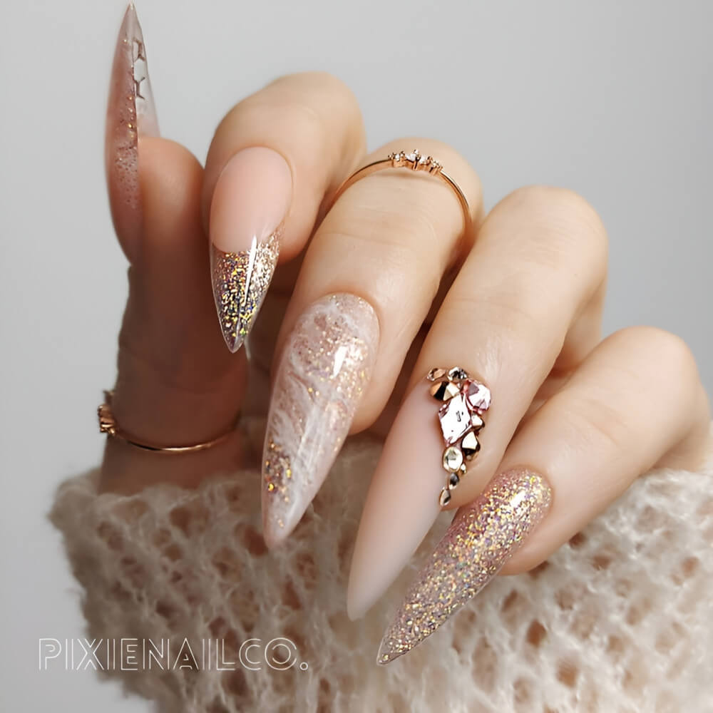 Pink Gemstone Nail Designs With Glitter