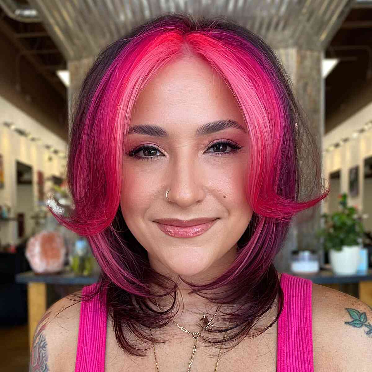Pink Hair Color With Chunky Money Pieces