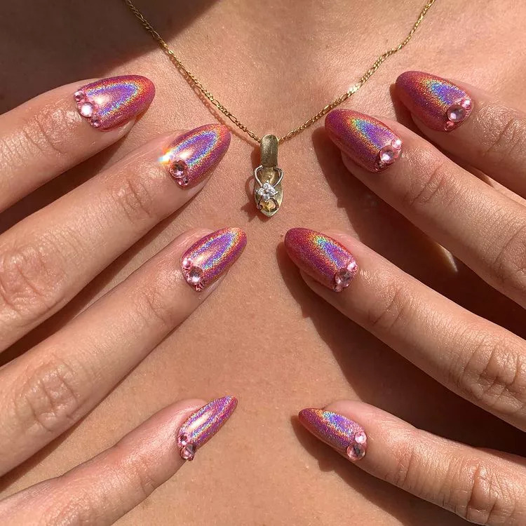 Pink Holographic Short Stiletto Nails