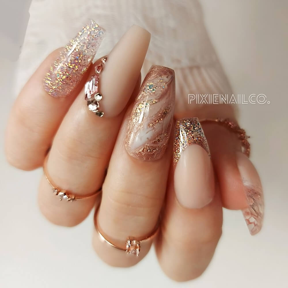Pink Marble Glittered Nails