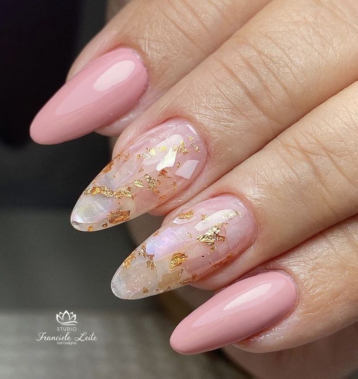 Pink Nails With Gold Flakes