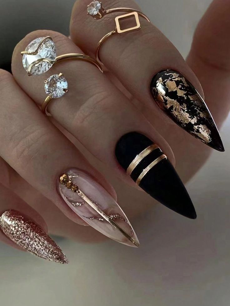 Pointy Black And Gold Nail Design