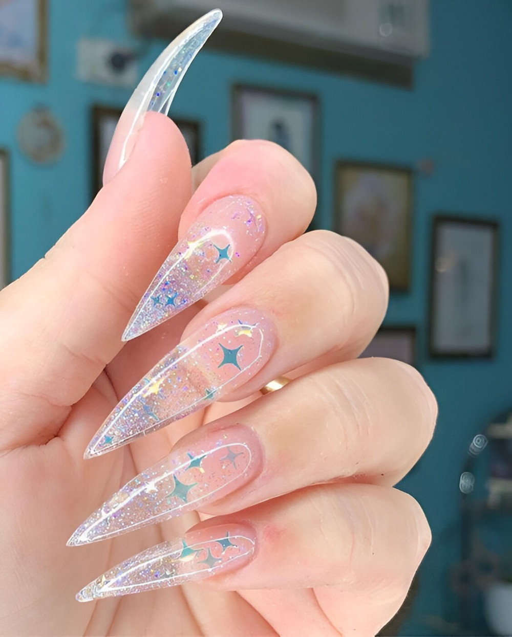Pointy Clear Acrylics With Glitter