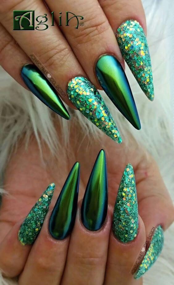 Pointy Green Mirror Nails