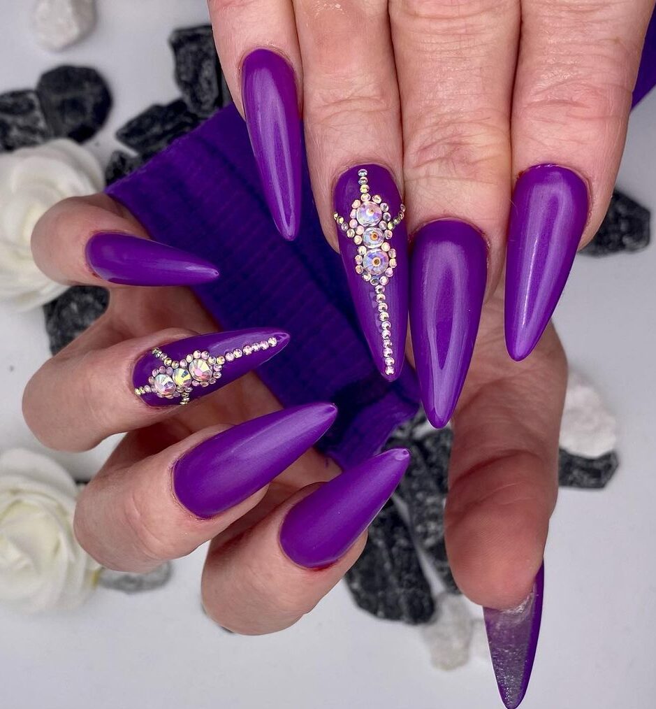Purple Nails With Gemstones
