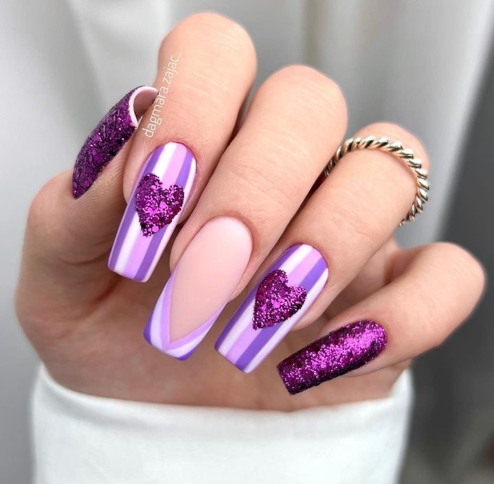Purple Nails With Glitter Heart