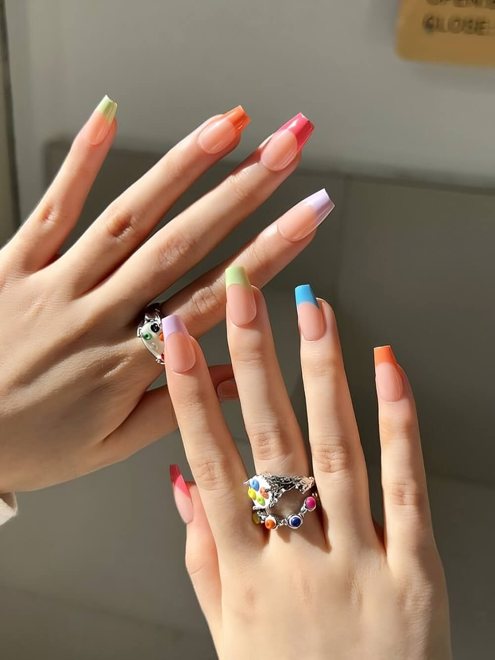 Rainbow Square French Tip Nails
