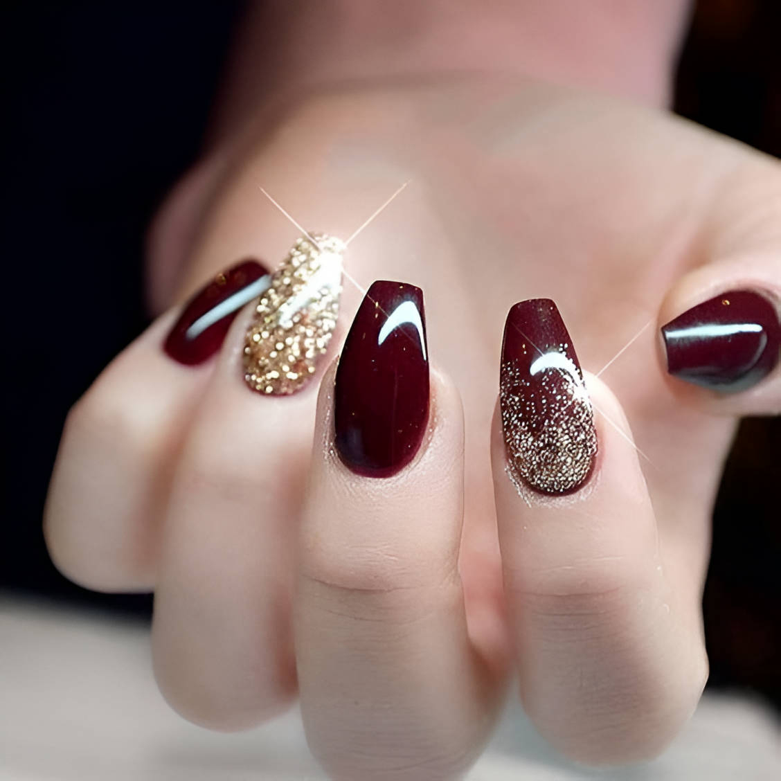 Red And Gold Glitter Short Nails