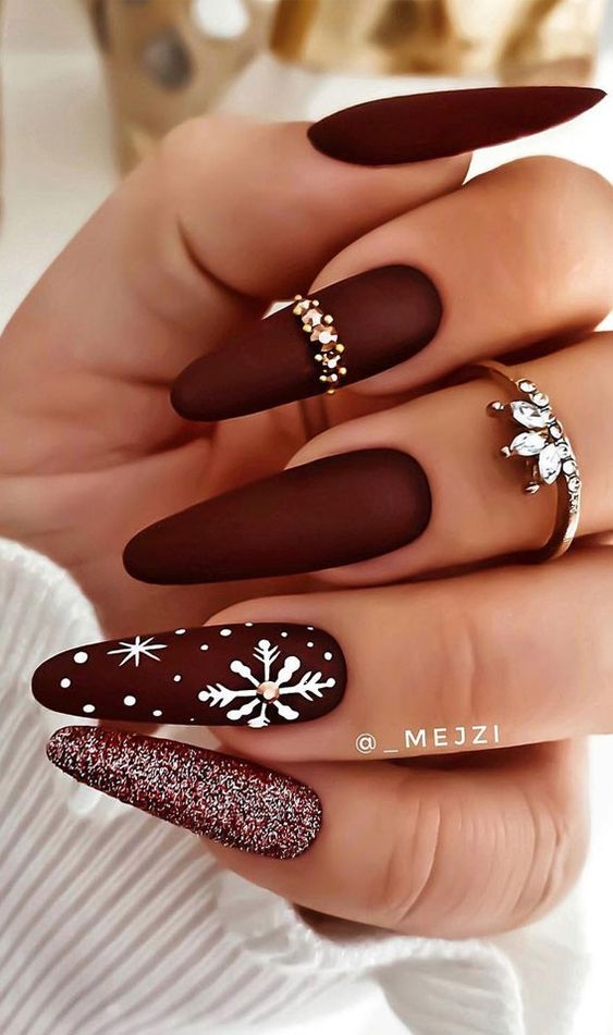 Red Burgundy Nails With Snowflakes