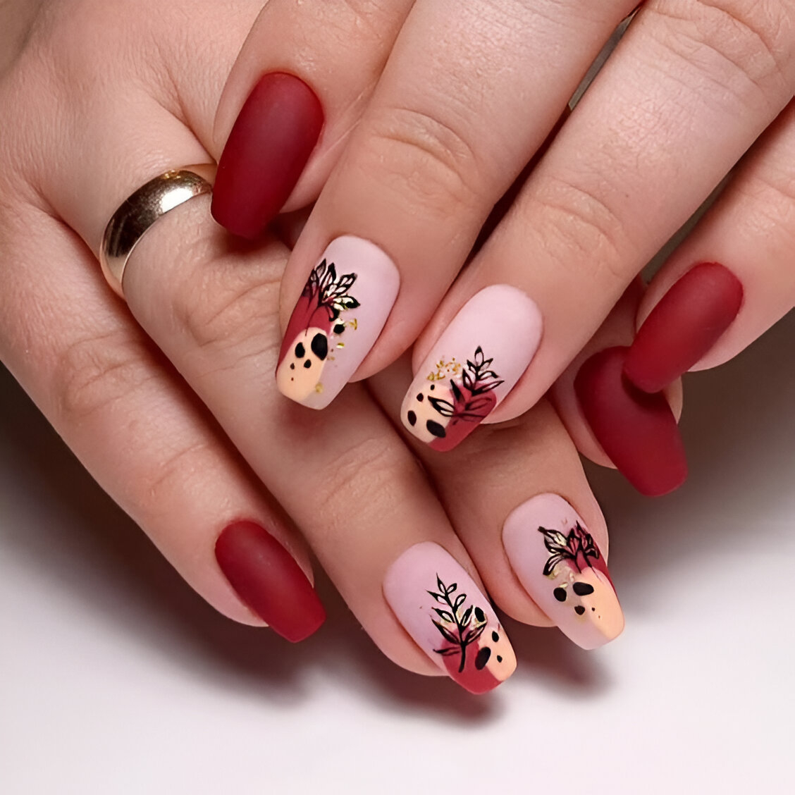 Red Nails With Abstract Autumn Art