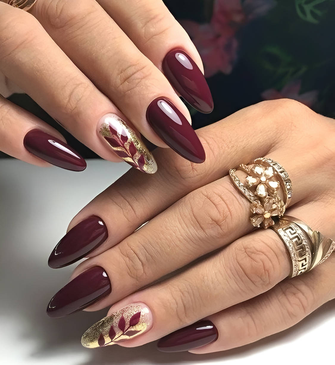 Red Wine And Gold Nails