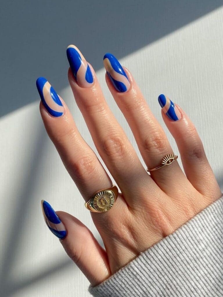 Royal Blue Nails With Abstract Swirls