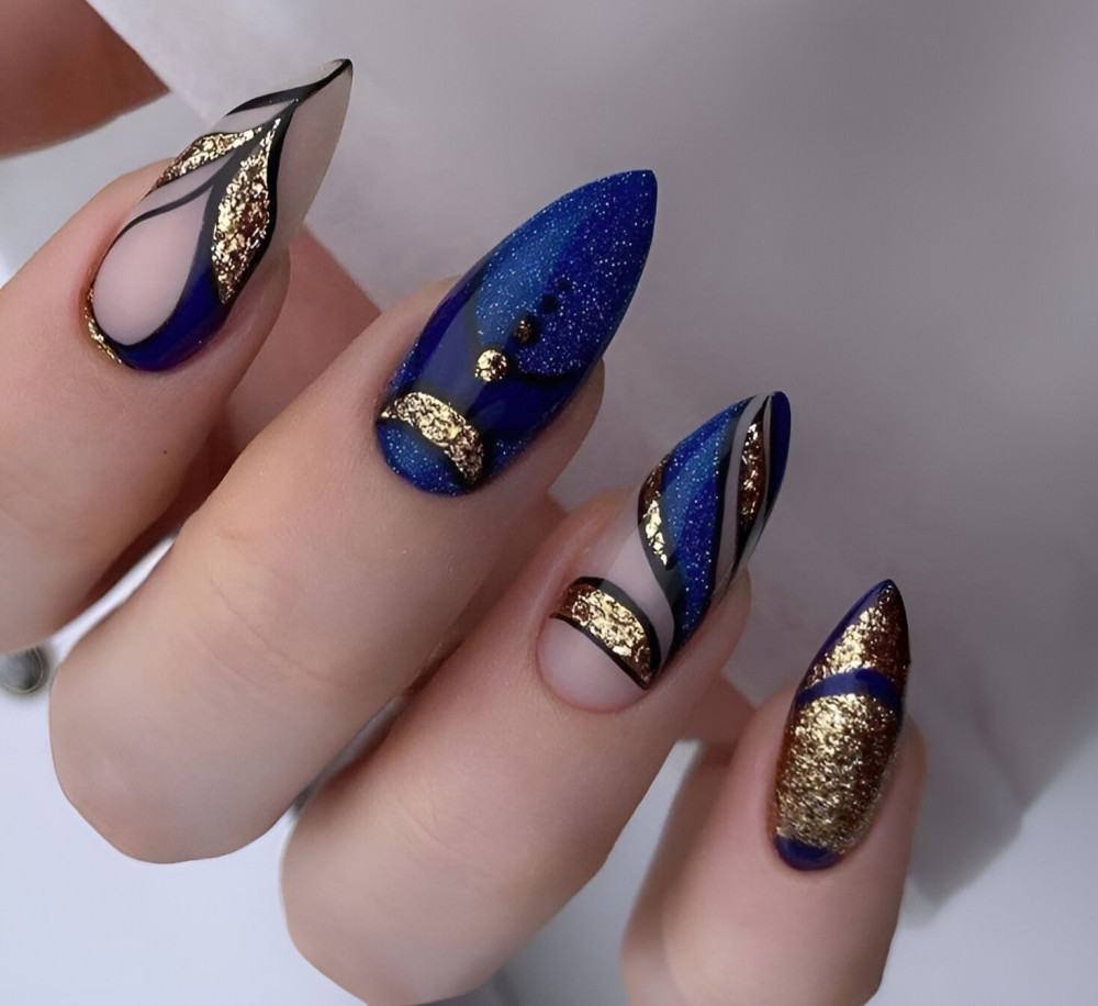 Royal Blue Nails With Gold Design