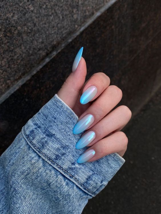 Shiny Blue Chrome Manicure