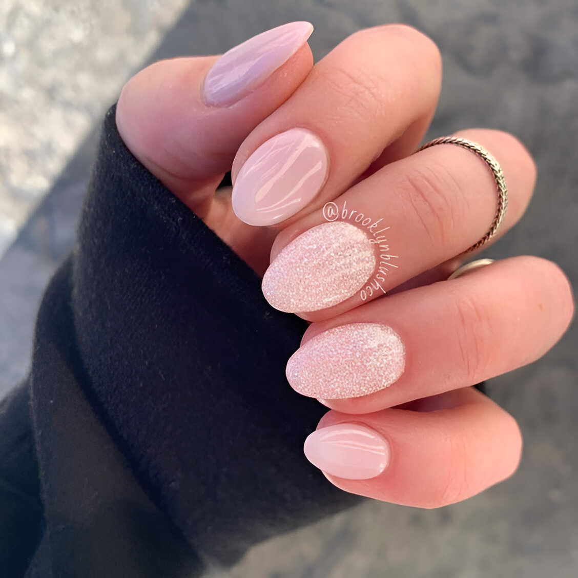 Short Almond Shaped Nails With Pink Glitter
