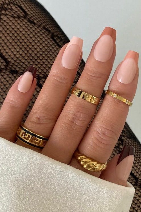 Short Brown Gradient Square French Tip Nails