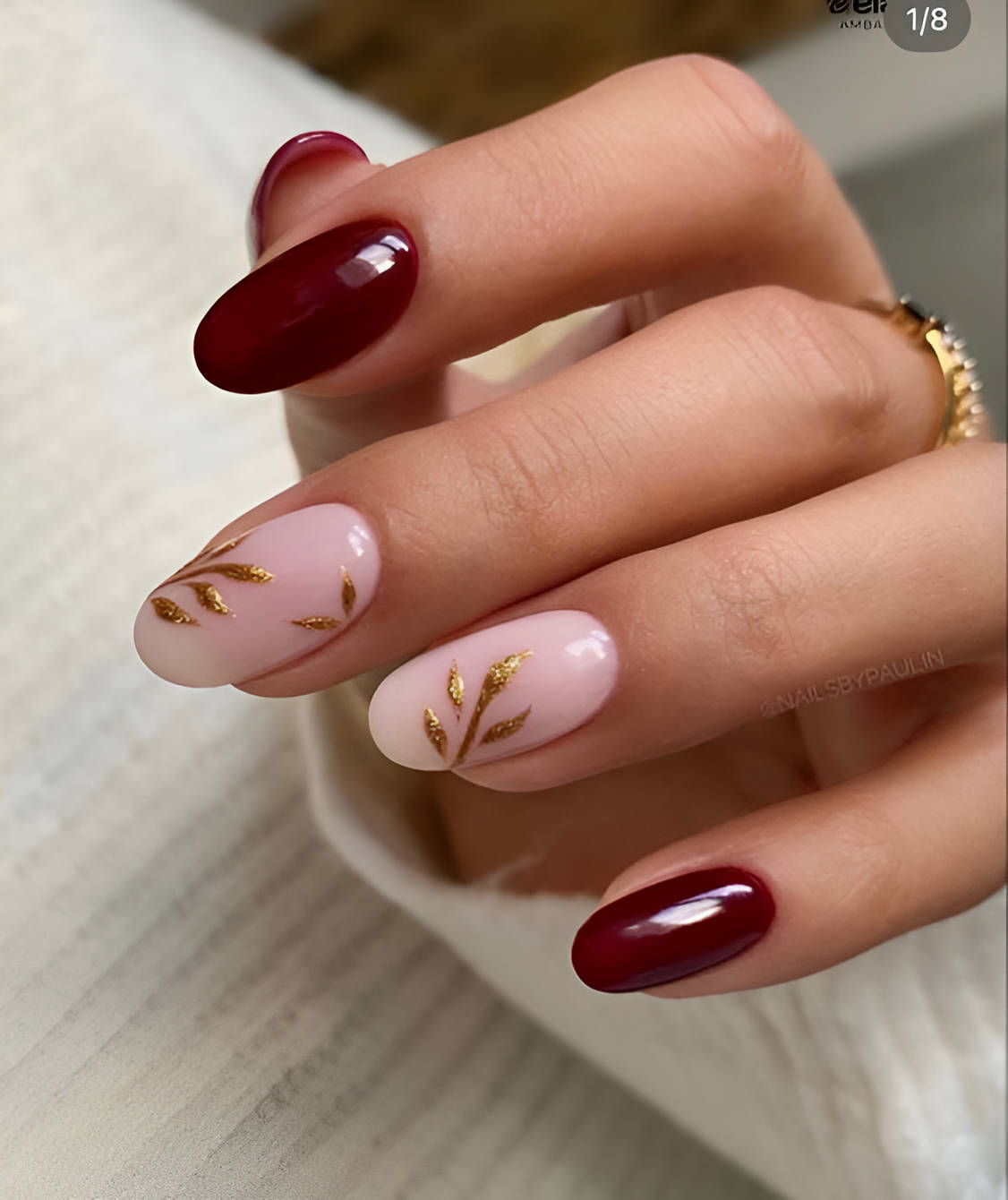Short Burgundy Nails With Gold Leaves