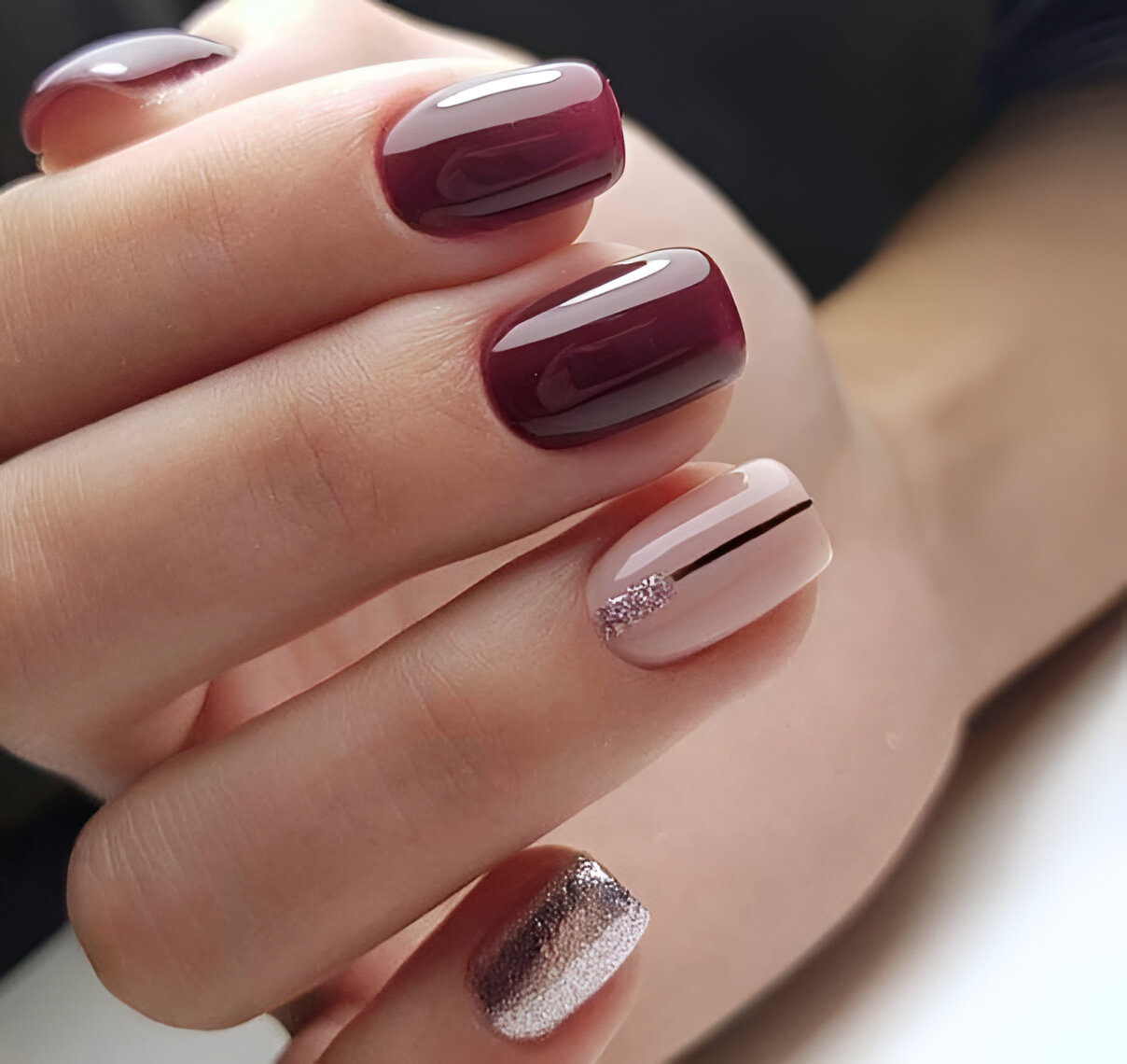 Short Burgundy Nails With Stripes