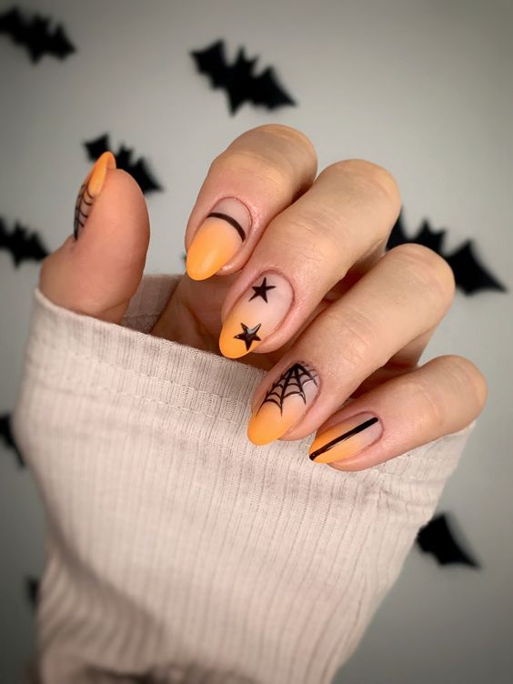 Short Halloween Nails With Star And Spiderweb