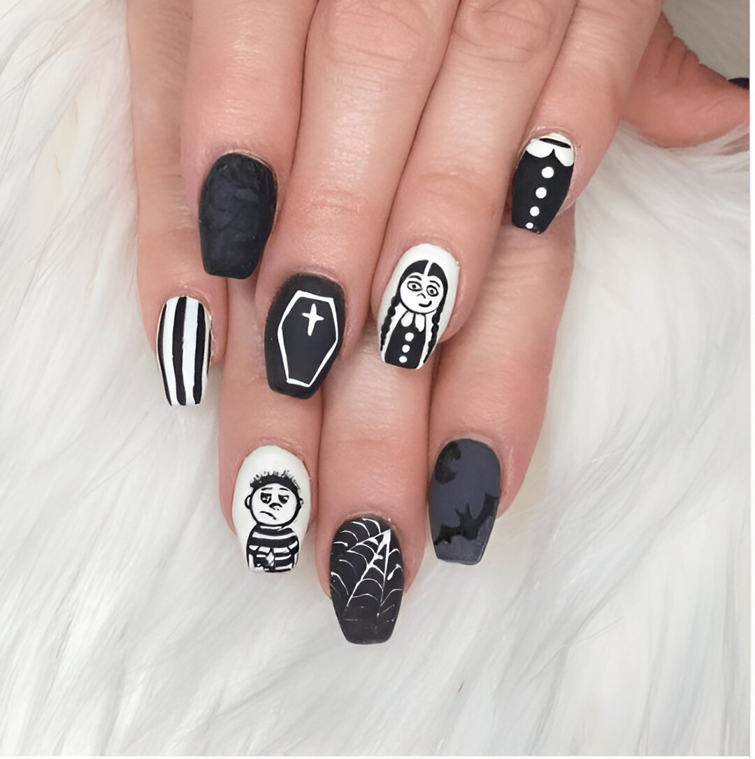 Short Halloween Nails With The Addams Family Design