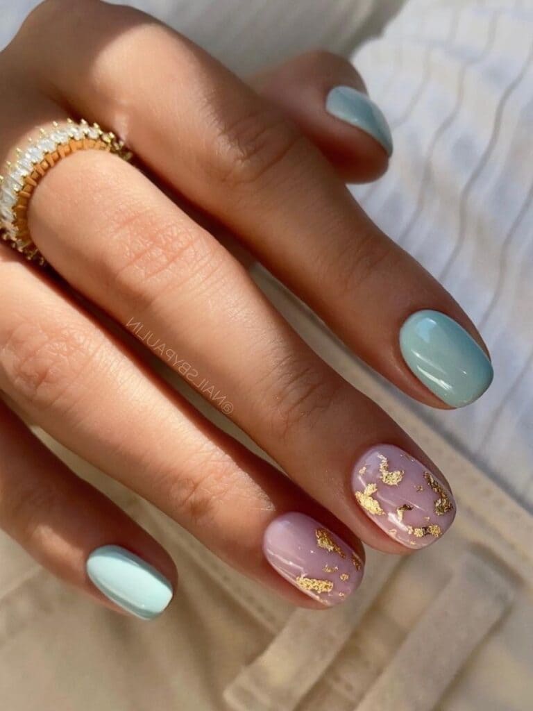Short Light Blue Nails With Gold